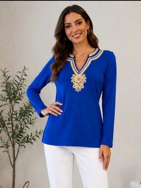 Lilly Pulitzer Royal Blue Long Sleeve Top with Gold Embroidery